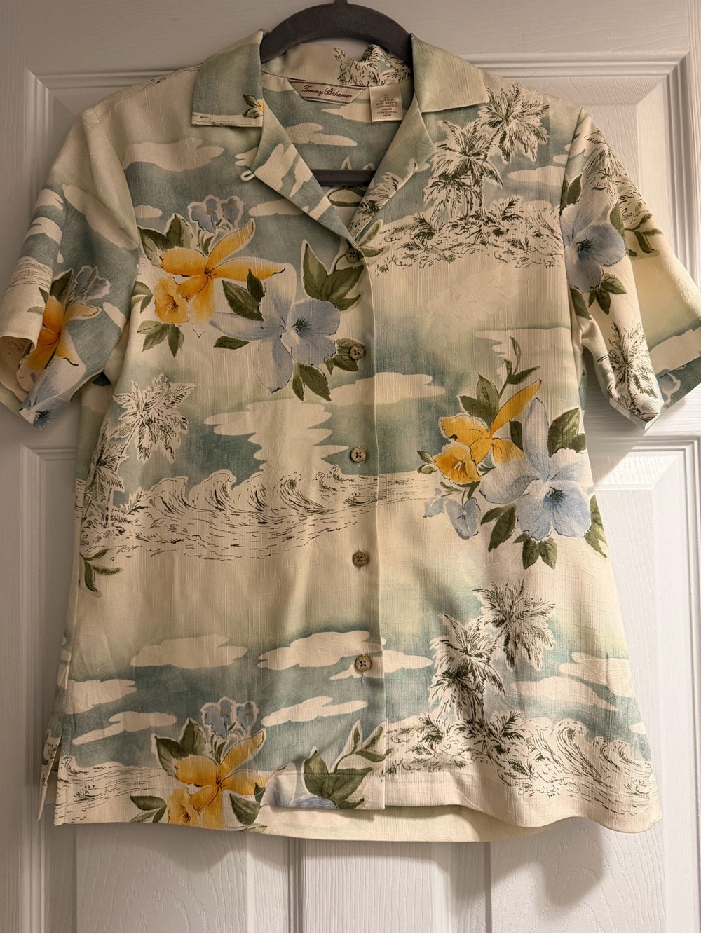 Tommy Bahama Cream Hawaiian Button-Down with Yellow & Light Blue Floral Print